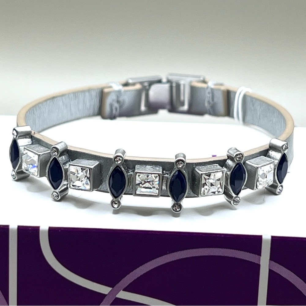 NWT lia sophia "Straight Away" 7” leather bracelet, cut crystals navy blue resin